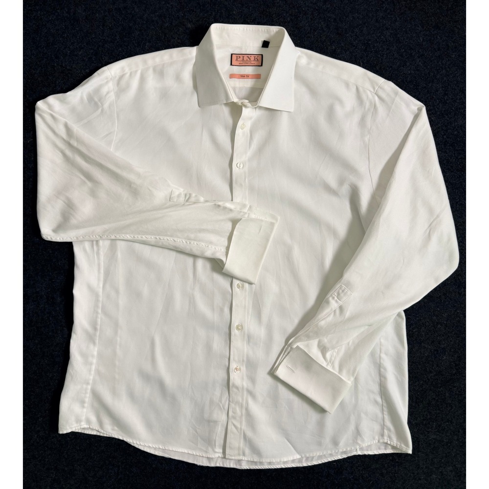 Thomas Pink Men White Slim Fit French Cuff Dress Shirt 18.5 47cm Luxury Twill